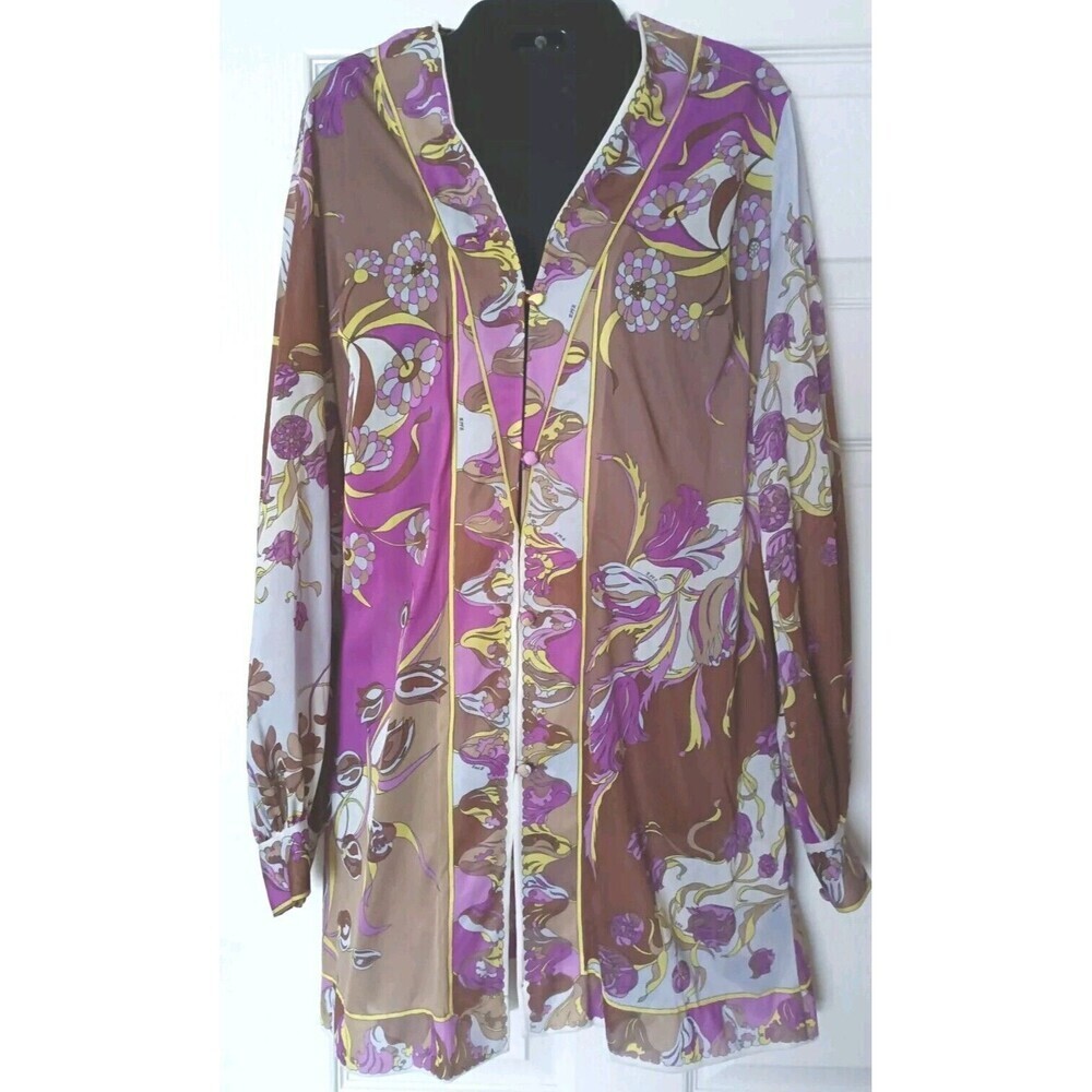 Emilio Pucci Floral Silk-Blend Long Sleeve Blouse in Purple, Brown & White